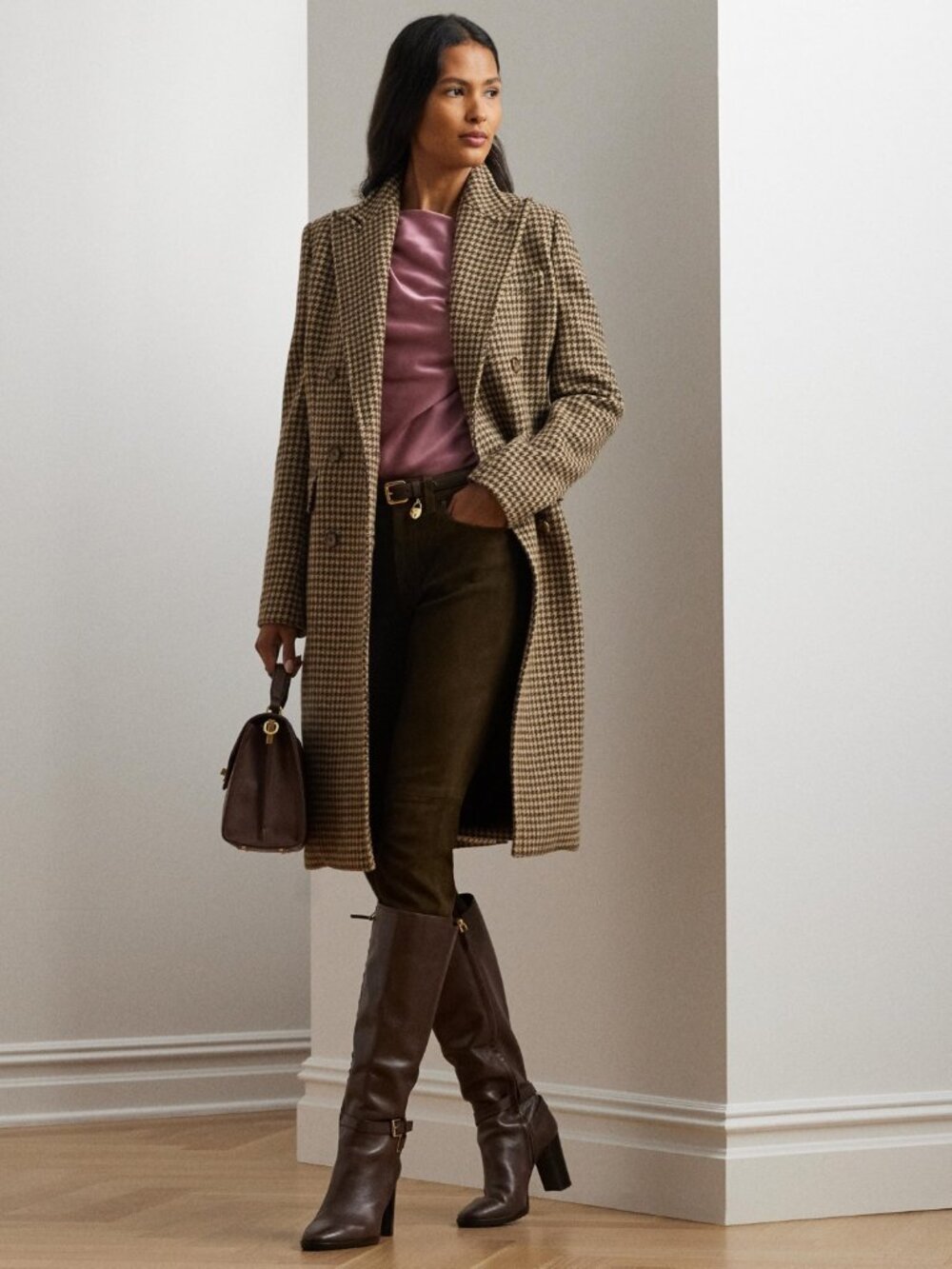 Lauren Ralph Lauren Women's Double-Breasted Houndstooth Coat Brown Size:10 NWT